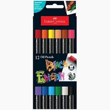Faber-Castell Black Edition Oil Pastels 12 Color, Extremely Smooth Strokes Colours Can be Applied on Black Paper, Colour Paper, and White Paper (8901180234129) (A)