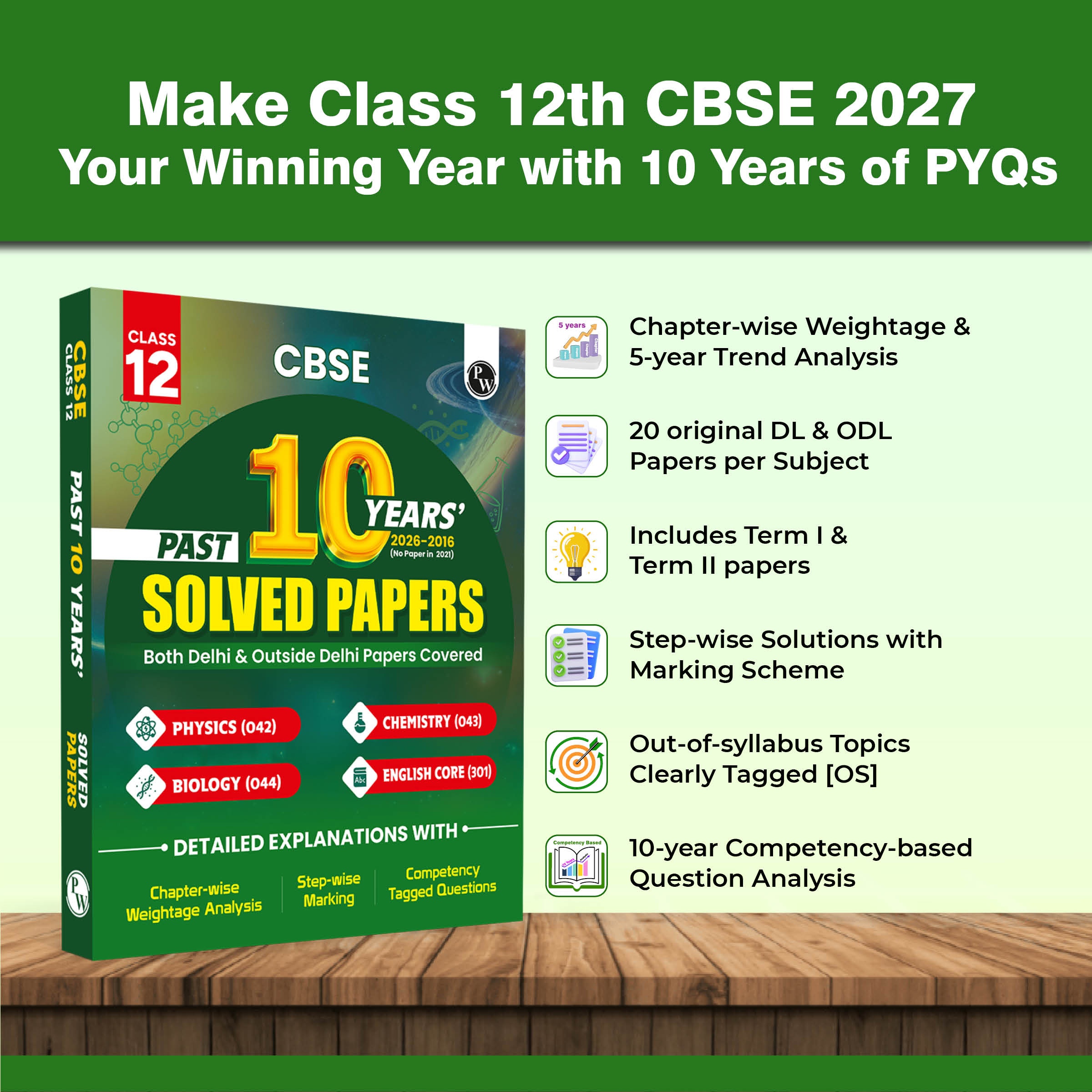 PW CBSE Class 12 PYQs PCBE - Past 10 Years Solved Papers For 2027 Board Exams | Delhi & Outside Delhi Papers Covered | Physics, Chemistry, Biology, English (9789378184390)