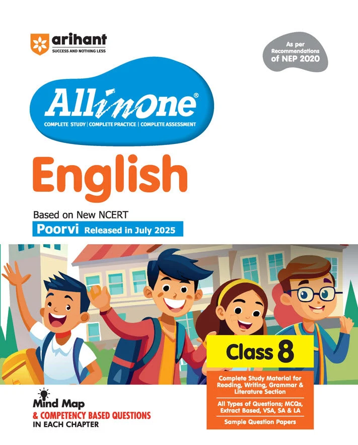 Arihant All In One English Class 8 Book 2025 | NCERT Textbook Based Poorvi | As Per NEP 2020 | Complete Study, Grammar, Literature & Writing With Mind Maps, Competency Based Questions & Sample Papers | English Medium (F1337)